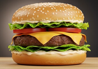 A delicious sesame seed bun burger with beef patty, cheese, lettuce, tomato and mayonnaise on a wooden table against a dark background