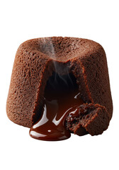 Deep-brown molten chocolate lava cake, steaming glossy chocolate oozing from incision, silver spoon, crumbs, isolated on transparent, macro low angle, photorealistic, concept of decadent dessert