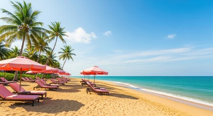 Fototapeta premium Beach paradise getaway with palm trees umbrellas and lounge chairs for summer vacation relaxation time