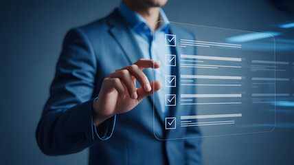 Man in suit interacting with digital checklist interface