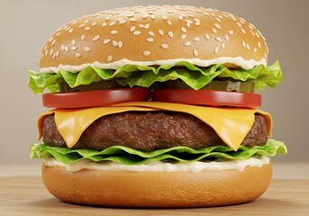 Juicy burger with fresh lettuce, tomato, cheese, and a sesame seed bun, a classic american comfort food for any meal
