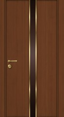 Fototapeta premium Modern wooden double doors with elegant dark inlay and brass handle
