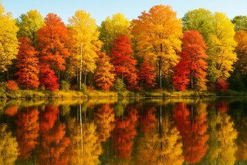 Obraz premium Autumn trees with vivid orange, yellow, and red foliage reflected in calm lake water under blue sky in forest background. Ai generative. Ai generative