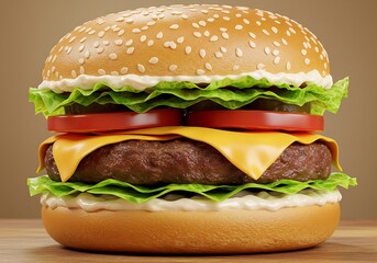 Classic cheeseburger with fresh lettuce, tomato, and melted cheese, showcasing fast food indulgence and savory flavors on a bun