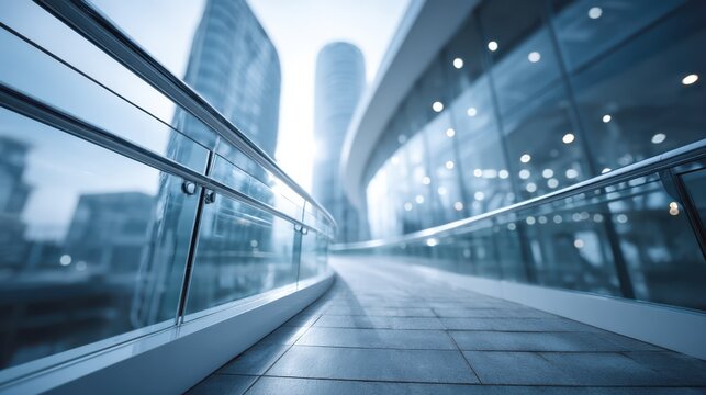 Modern glass walkway leading between high-rise buildings in a sleek, urban cityscape with reflective surfaces and a futuristic atmosphere.