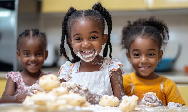 Group of children happily baking in the kitchen, learning and enjoying the process together. The image conveys positive childhood development, education, and family fun in a kitchen, Generative AI