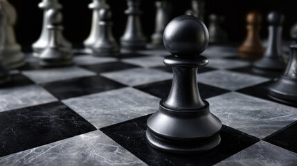 Black chess pawn on marble chessboard with blurred chess pieces in background, creating focused and strategic atmosphere