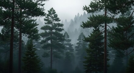 Fototapeta premium A misty forest scene showcasing tall pine trees shrouded in a dense fog, creating an atmospheric and serene landscape.