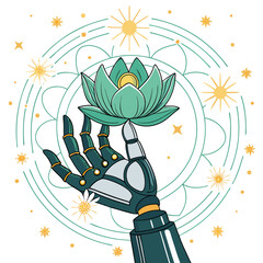 A robotic hand holds a lotus flower against a starry mandala background.