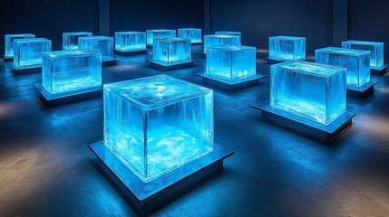 Illuminated ice cubes in dark room; art installation