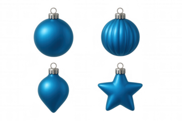 Blue christmas ornaments set featuring baubles and star shapes on a transparent background, modern holiday decoration concept