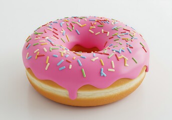 A pink frosted donut with colorful sprinkles isolated on white background, a sweet treat for any occasion