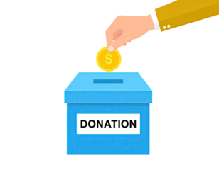 Flat style vector illustration hand dropping coin in blue donation box charity finance giving support element isolated on white background