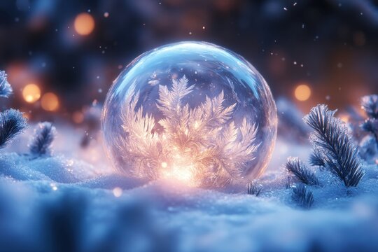 Snow globe with christmas tree in background.