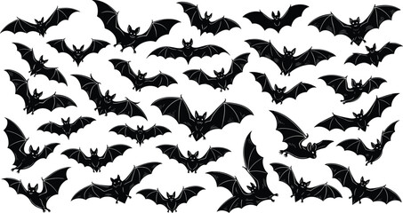 Bat silhouette collection, flying bats vector, Halloween design, black illustration, nocturnal animal artwork, spooky theme, gothic icon, nature element