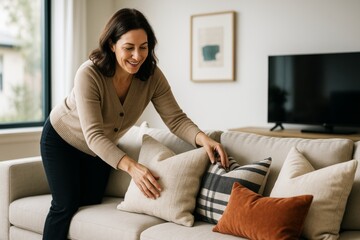 Obraz premium Smiling woman arranging pillows on a beige sofa in cozy modern living room with soft natural light and neutral background interior concept. Ai generative