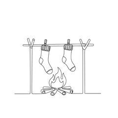 Socks drying over campfire in minimalist line art style