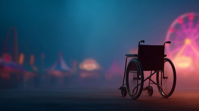 Inclusive Halloween Celebration with Festive Atmosphere, Empty wheelchair in a vibrant, blurred carnival setting, symbolizing mobility and inclusion.