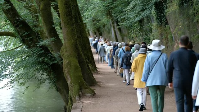 group of painters lining forest path painting different angles soft murmur artistic community nature bond three quarter wide angle cinematic color correction gentle backlight