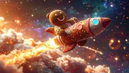 Gingerbread man astronaut on a rocket ship in space fantasy illustration