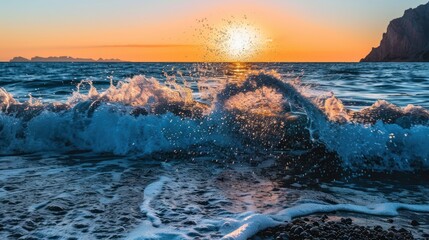 Sunset Ocean Waves Crashing on Rocky Shore with Bright Sun and Mountain Background