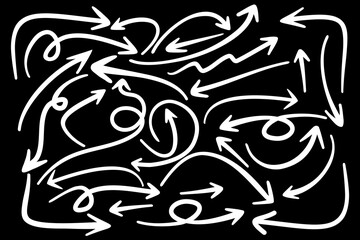 Chaotic white arrows on black vector background. Abstract arrow pattern with dynamic motion. Vector arrows in random, energetic arrangement.