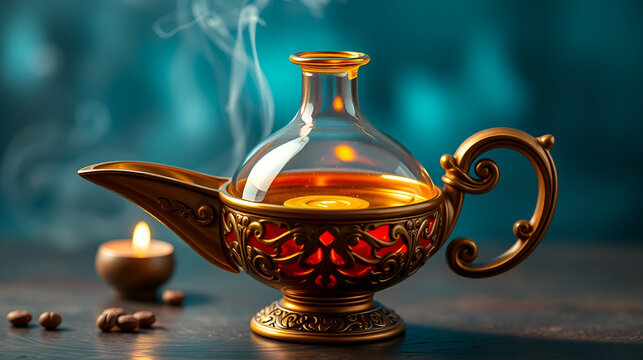 Magical flask with elixir potion of immortality in the shape of the magic lamp