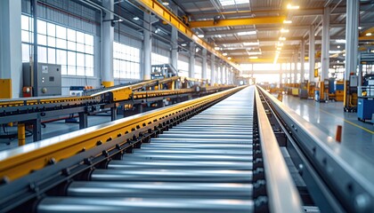 Fototapeta premium Bright Modern Factory Interior with Conveyor Belt System and Elevated Walkways Under Skylight with Natural Lighting, Industrial Setting, Production Line, Automated