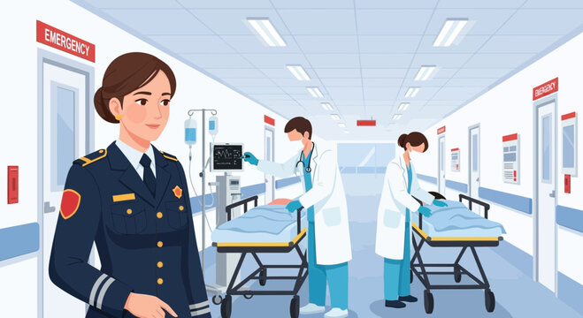 Emergency Response Team Member Standing Guard in Hospital Corridor with Medics