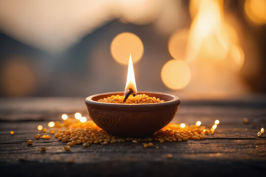 Close up of a lit diya oil lamp on a wooden surface with blurred bokeh lights in the background
