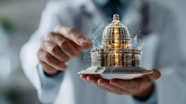 A person in a suit holds a holographic 3D architectural model of a domed building with digital network connections.