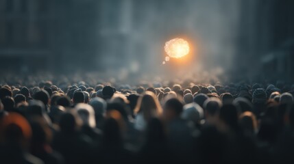 Obraz premium A large crowd of people is captured in a dimly lit urban setting, with one glowing brain symbol floating above, symbolizing collective intelligence or ideas.