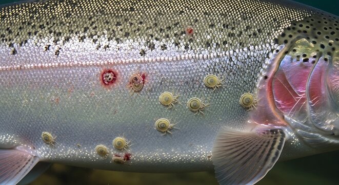 Infestation of Salmon Lice (Argulus) on a Rainbow Trout, Illustrating Parasitic Infection