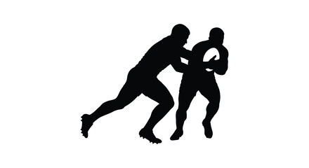 Rugby Players Silhouetted in Action Tackling with Ball Isolated on White