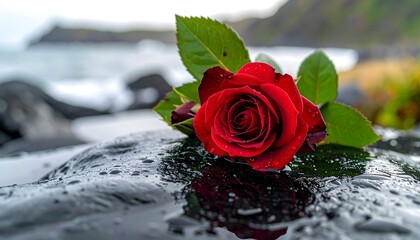 A vibrant red rose rests on a dark, wet rock by the ocean