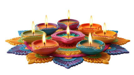 Colorful clay diya oil lamps traditional festive decoration Indian festival lighting element bright pottery lantern artwork isolated on white background