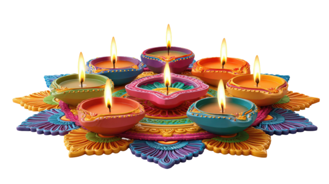 Colorful clay diya oil lamps traditional festive decoration Indian festival lighting element bright pottery lantern artwork isolated on white background