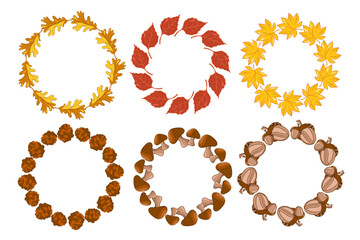 A set of simple hand-drawn autumn frames made of leaves, acorns, pine cones, and mushrooms.