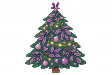 Obraz premium Christmas tree featuring pink baubles, purple foliage accents, and sparkling fairy lights, celebrating the holiday season