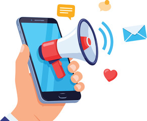 Illustration of hand holding smartphone with megaphone and social media icons isolated on white background