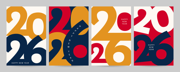 Set of Happy new year 2026 poster template. Minimalist business numbers. Greeting concept for celebration. Holiday background, card, cover. Flat style. Red blue yellow white colors.