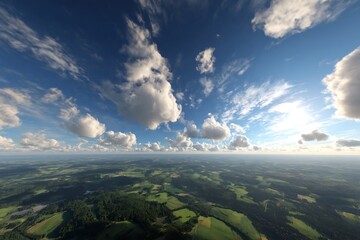 Breathtaking aerial view of lush green landscape under dreamy blue sky with fluffy clouds, perfect for travel inspiration and scenic backgrounds