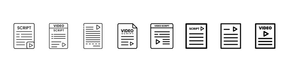 Video Script Document Line Icons Vector Set – Movie Script, Screenplay, Content Writing, Storyboard, Film Production, Script Page Symbols