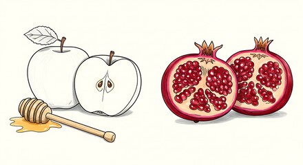 Apples, honey and pomegranates for rosh hashanah isolated on white background, a traditional jewish new year celebration with symbolic foods