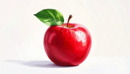 Describe a fresh red apple with water droplets and a green leaf on a reflective surface against a dark background. Emphasize color contrast, texture, and natural appeal in food imagery.