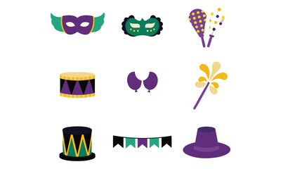 Mardi Gras Icons and Clipart – Carnival Masks, Balloons, Drums, Hats, Feathers & Party Decorations in Purple, Green, and Gold