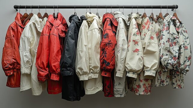 Diverse array of vintage style jackets hanging on a rack showcasing various colors and floral
