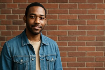 Portrait of confident young man in denim jacket smiling casually while standing in front of red brick wall background with natural light source. Ai generative