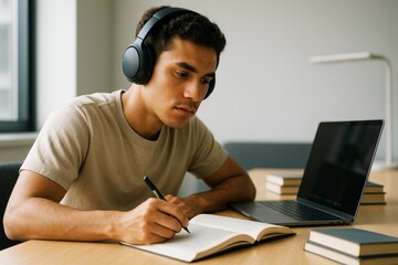 Focused young man wearing headphones while studying with books and laptop on wooden desk in bright interior background. Ai generative. Ai generative