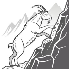 A stylized illustration of a mountain goat skillfully climbing a steep rocky cliff face with jagged peaks in the background
